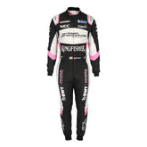 Front view of Sergio Perez 2017 F1 racing suit in black and pink, featuring full zipper and detailed sponsor embroidery