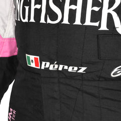 Detailed Sleeve View of Sergio Perez 2017 Force India F1 Suit with Sponsor Patches and Stitching