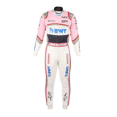 Sergio Perez’s 2018 F1 racing suit, front view, showcasing sponsor logos, high-performance design, and a custom fit for track performance.