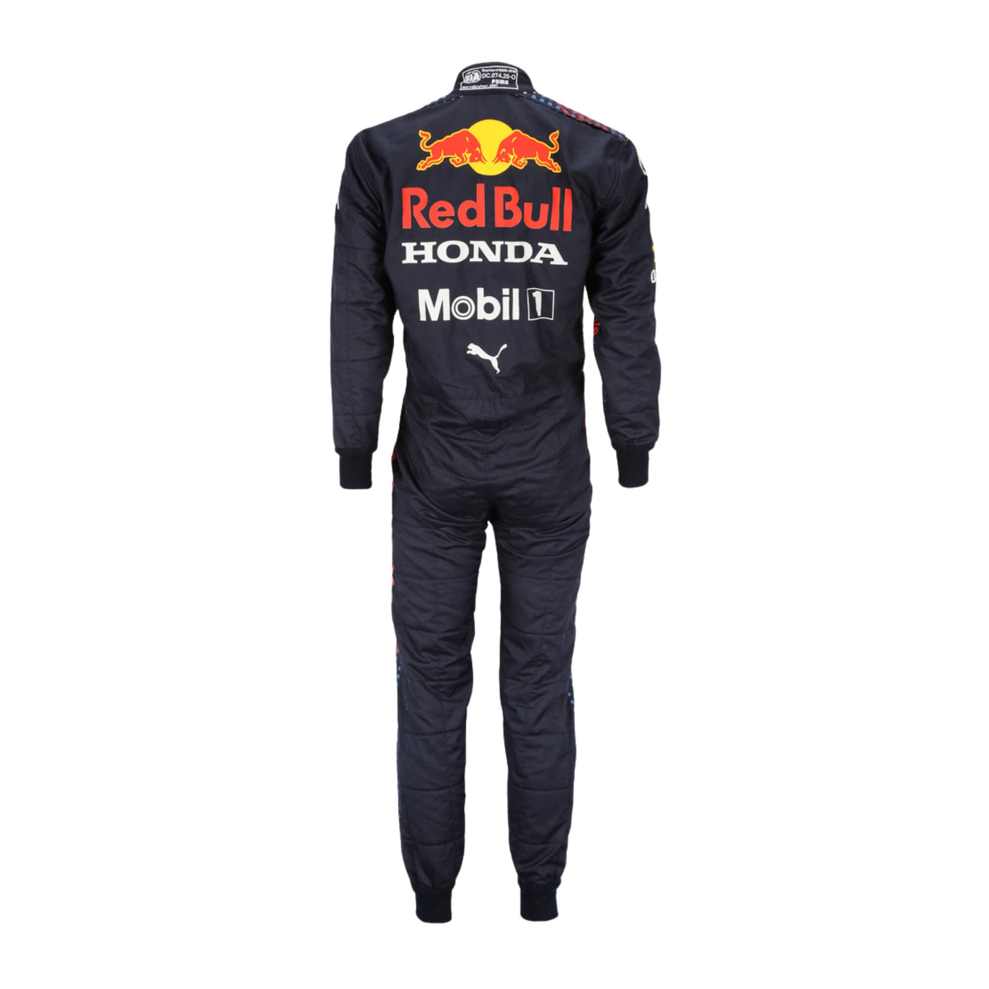 Rear view of Sergio Perez 2021 F1 Racing Suit showcasing the suit's flexibility and breathable design. The placement of sponsor logos and design accents are visible in this view, providing a complete look at the suit's functionality.