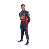 Sergio Perez wearing the 2023 racing suit featuring navy blue as the base color with vibrant red and yellow detailing, aerodynamic fit, and personalized branding elements.Bestracewear