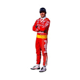 Sergio Perez in his 2023 Las Vegas GP racing suit featuring a bold red base with metallic gold accents and sharp white lines for high visibility.Bestracewear