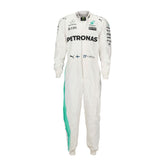 Valtteri Bottas’ 2017 F1 racing suit, front view with detailed embroidery, sponsor logos, and streamlined design