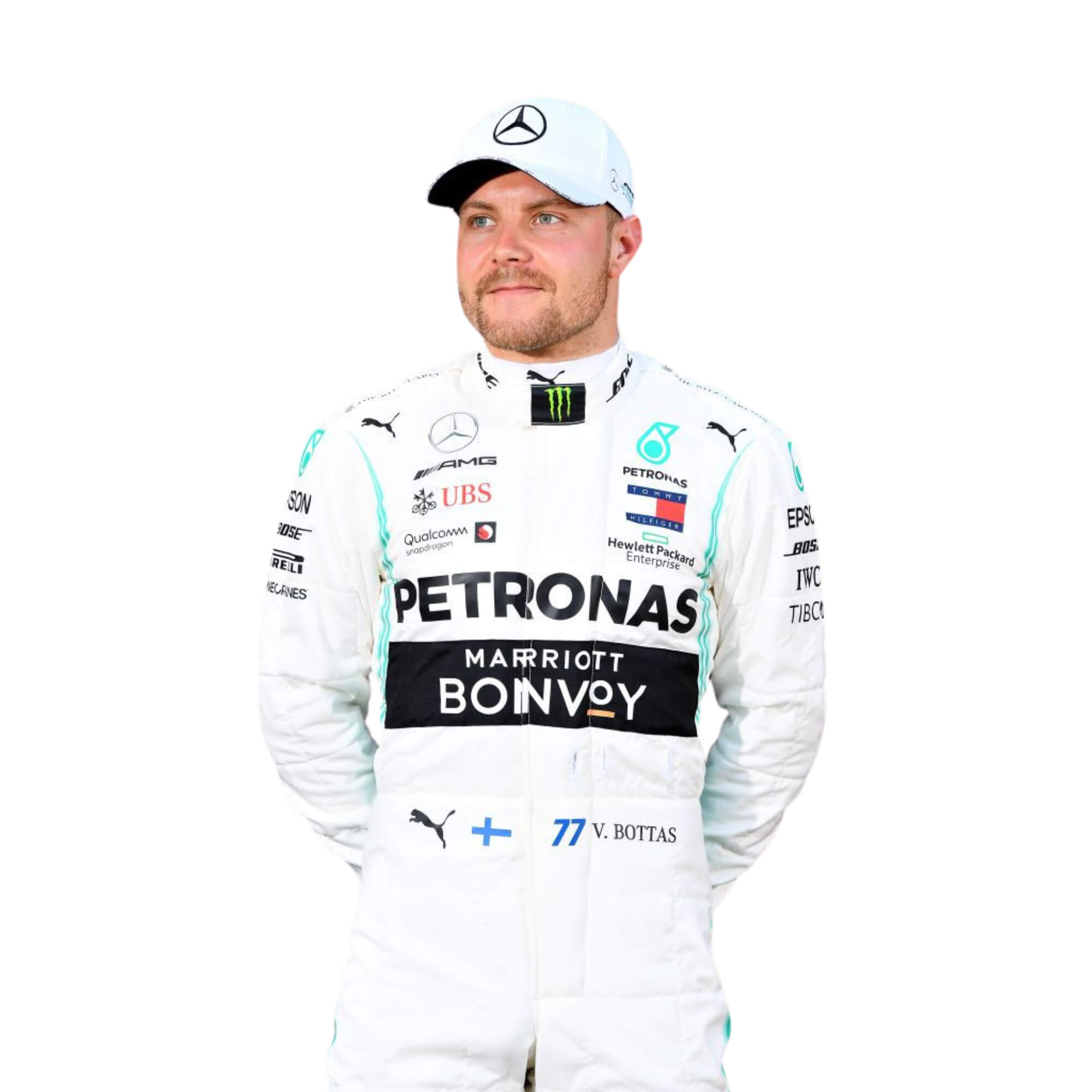 Front Close up view Valtteri Bottas 2019 F1 Racing suit – front view, modern design with clean lines, popular among racing.Bestracewear