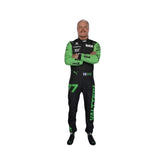 Front view of Valtteri Bottas's 2024 F1 racing suit in black with neon green sleeves and accents, showcasing a modern design.