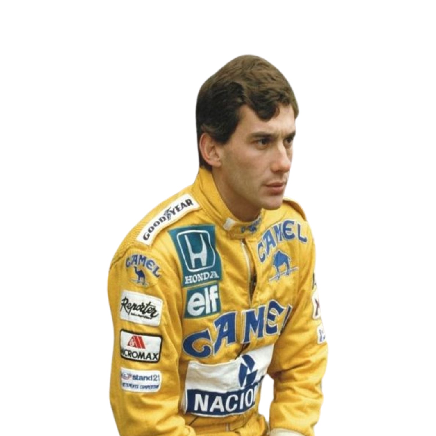 Close-up shot of the 1987 F1 racing suit worn by Ayrton Senna, highlighting premium stitching, fabric texture, and colorful sponsor logos.Bestracewear