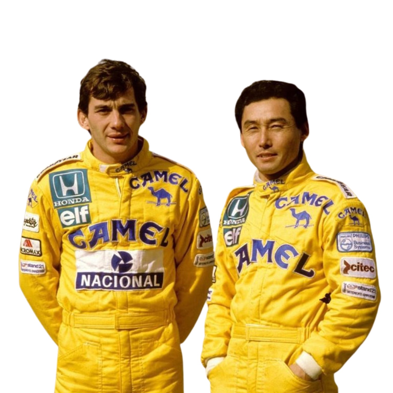 Close-up shot of the 1987 F1 racing suit worn by Ayrton Senna, highlighting premium stitching, fabric texture, and colorful sponsor logos.Bestracewear