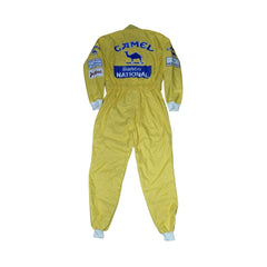 Back of Ayrton Senna's 1987 F1 suit, featuring a striking yellow base with vivid green detailing, designed for performance during a defining season.Bestracewear