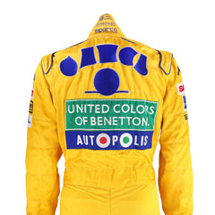 Back side of the 1992 Formula 1 suit worn by Michael Schumacher, showcasing era-specific sponsor logos and reinforced fabric seams for  safety.Bestracewear
