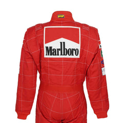 Backside of Schumacher’s 2004 F1 suit, featuring a bold red design accented by crisp white logos, reflecting his seventh world title glory.Bestracewear
