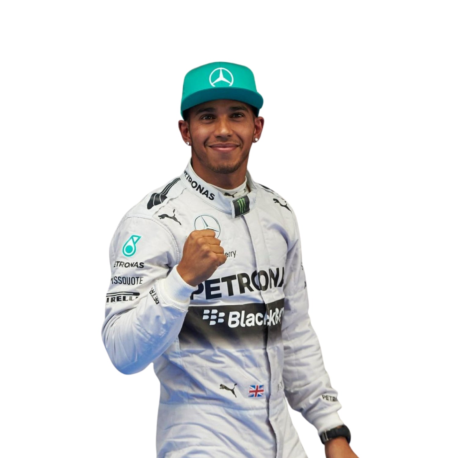 Side profile of Lewis Hamilton’s 2014 F1 suit, highlighting the streamlined white base and teal detailing, worn during his title-winning performances.Bestracewear