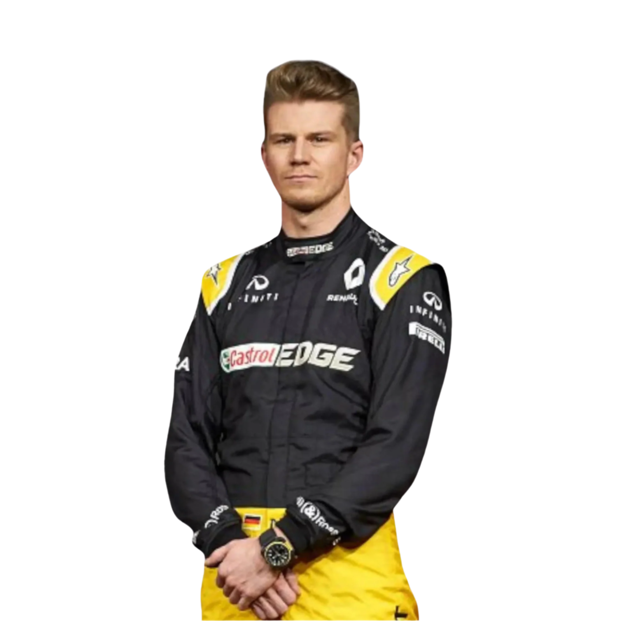 Close-up of the chest area of Nico Hulkenberg’s 2017 F1 racing suit, featuring sponsor embroidery and lightweight fabric for breathability.