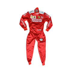 Front view of 2019 Charles Leclerc Team mission Winnow F1 Racing Suit- Bestracewear, featuring prominent red design with logos.