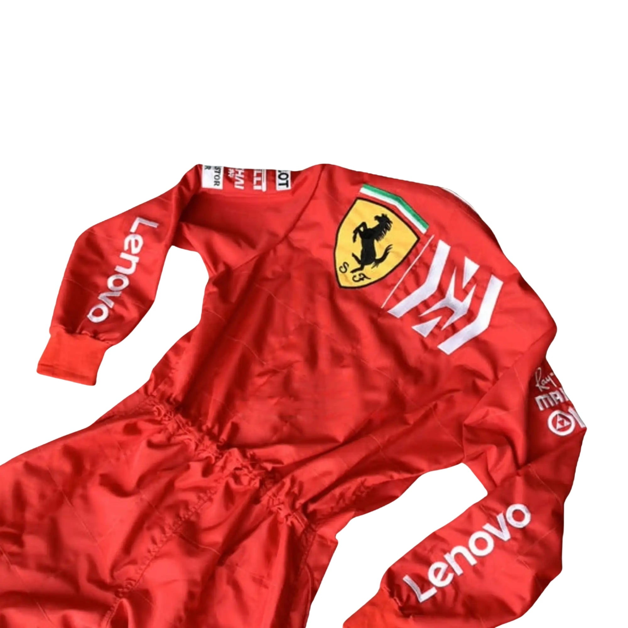 close up Rear view of the 2019 Charles Leclerc Team mission Winnow F1 Racing Suit- Bestracewear, showcasing the large shield and 'Mission Winnow' branding.

