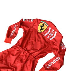 close up Rear view of the 2019 Charles Leclerc Team mission Winnow F1 Racing Suit- Bestracewear, showcasing the large shield and 'Mission Winnow' branding.

