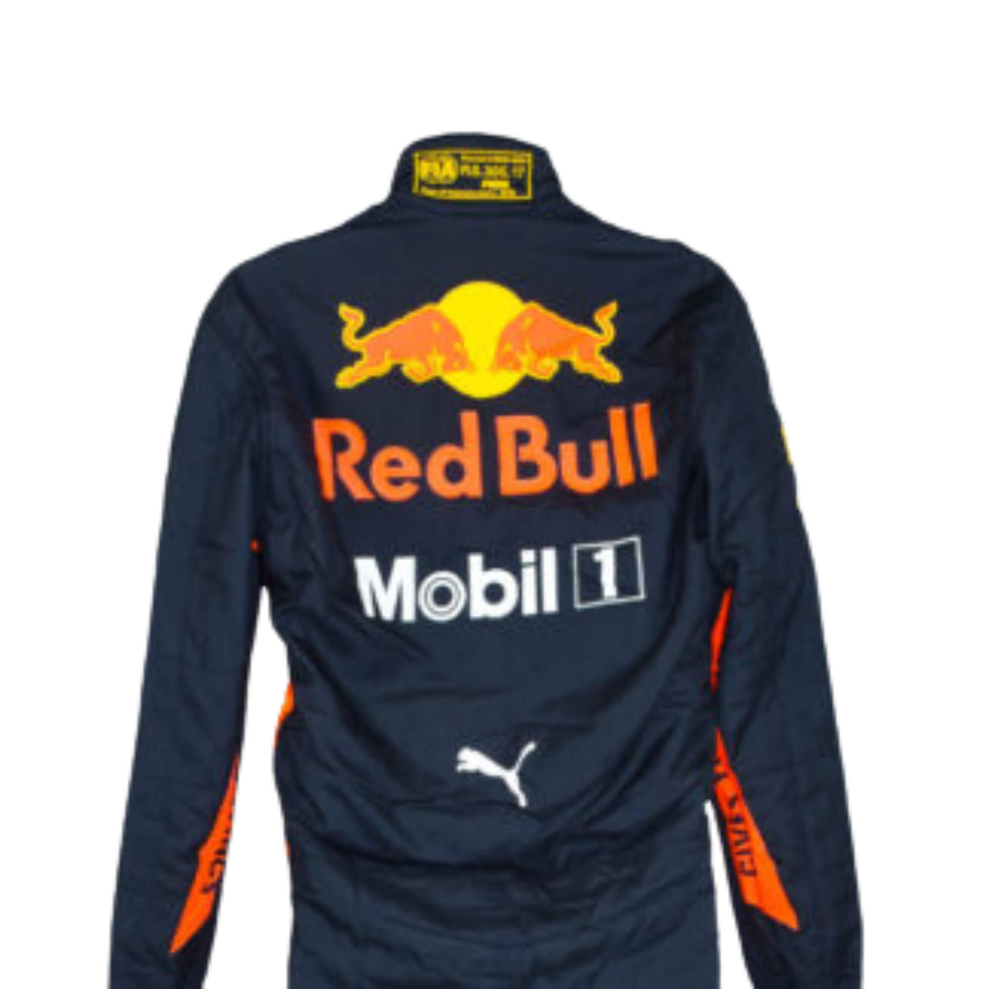 Close up back view of 2019 Max Verstappen F1 Racing Suit- Bestracewear – bold and dynamic design with race-inspired elements, highly admired by motorsport fans.