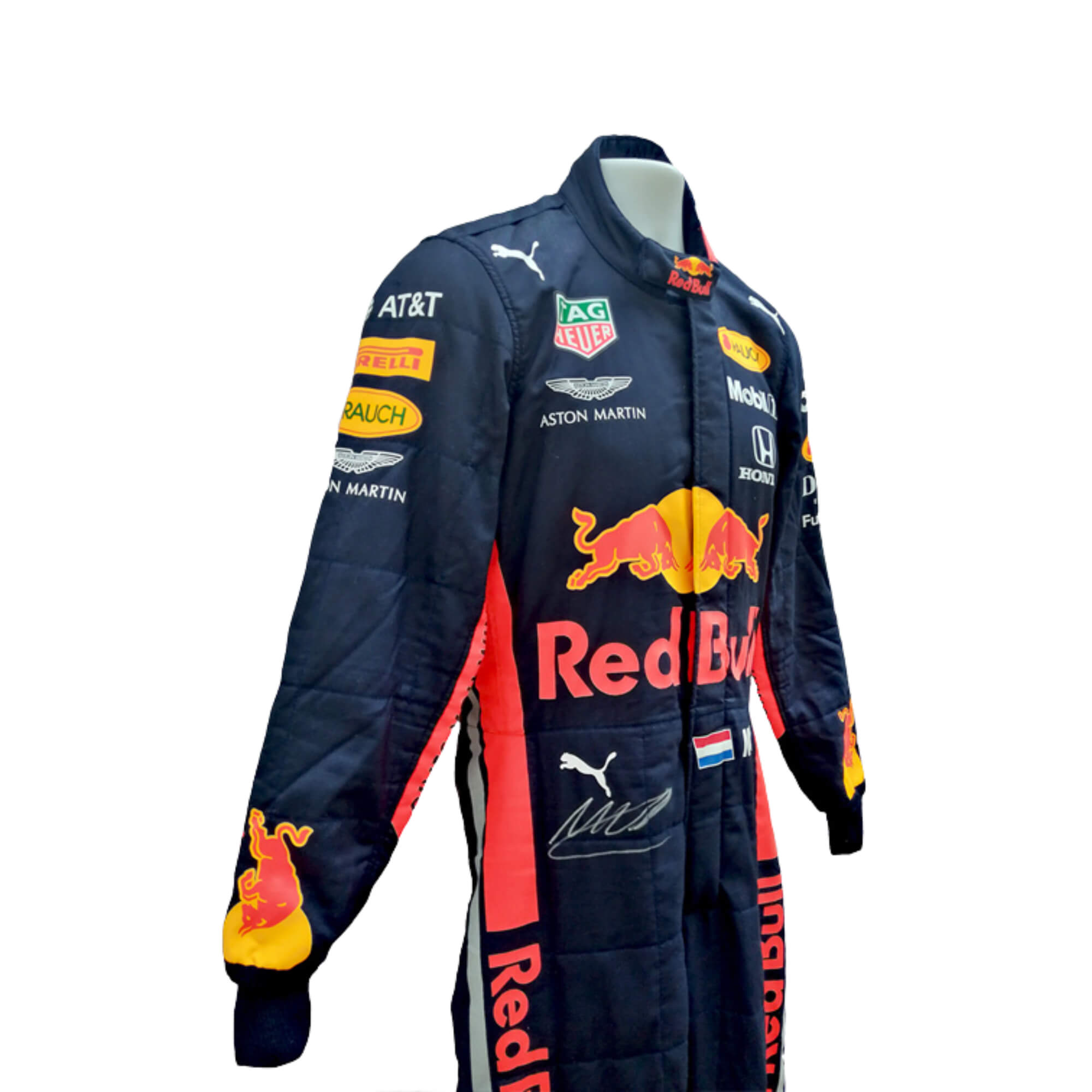 Side view of 2019 Max Verstappen F1 Racing Suit- Bestracewear – bold and dynamic design with race-inspired elements, highly admired by motorsport fans.