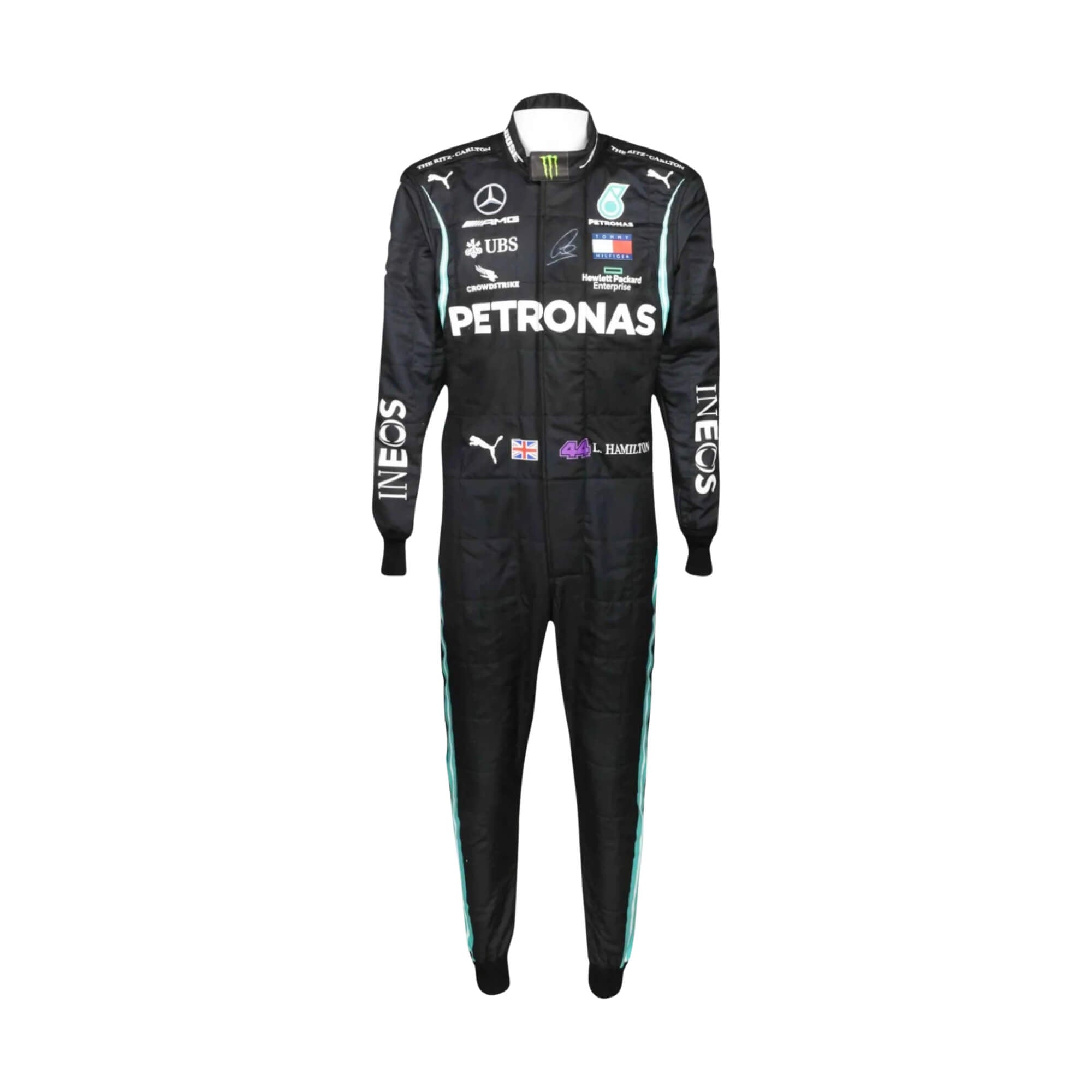 Front view of 2020_Lewis_Hamilton_F1_Racing_Suit-Bestracewear – sleek black design with silver detailing,