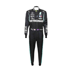Front view of 2020_Lewis_Hamilton_F1_Racing_Suit-Bestracewear – sleek black design with silver detailing,