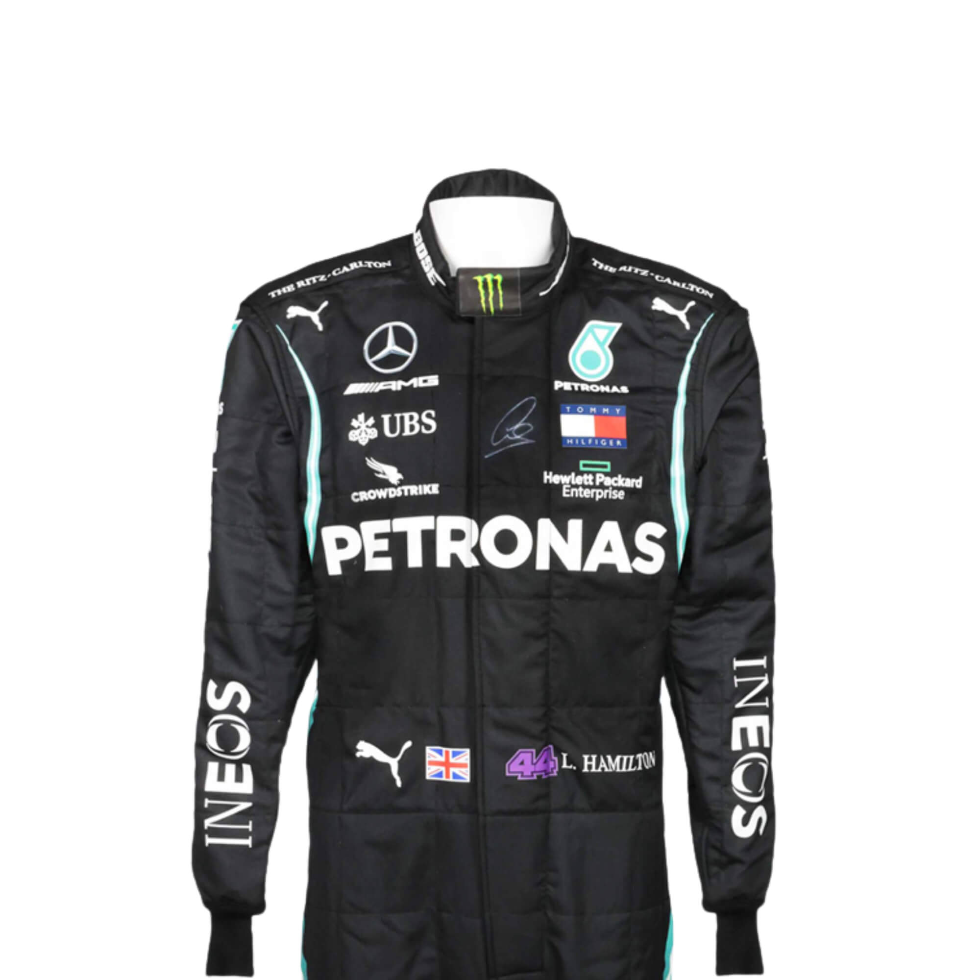 close up front view of 2020_Lewis_Hamilton_F1_Racing_Suit-Bestracewear – sleek black design with silver detailing,