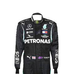 close up front view of 2020_Lewis_Hamilton_F1_Racing_Suit-Bestracewear – sleek black design with silver detailing,