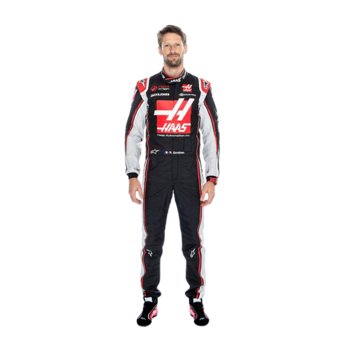 Front view of 2020 Romain Grosjean Austrian GP F1 Racing Suit-Bestracewear – detailed race-day design