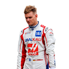 Colse up view of 2021 Mick Schumacher F1 Racing Suit from Bestracewear – high-quality front view with rich detailing.