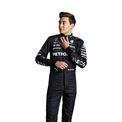 Close-up of the fabric and stitching on George Russell’s 2023 racing suit, revealing the intricate details and high-quality materials, with clear visibility of sponsor logos.Bestracewear