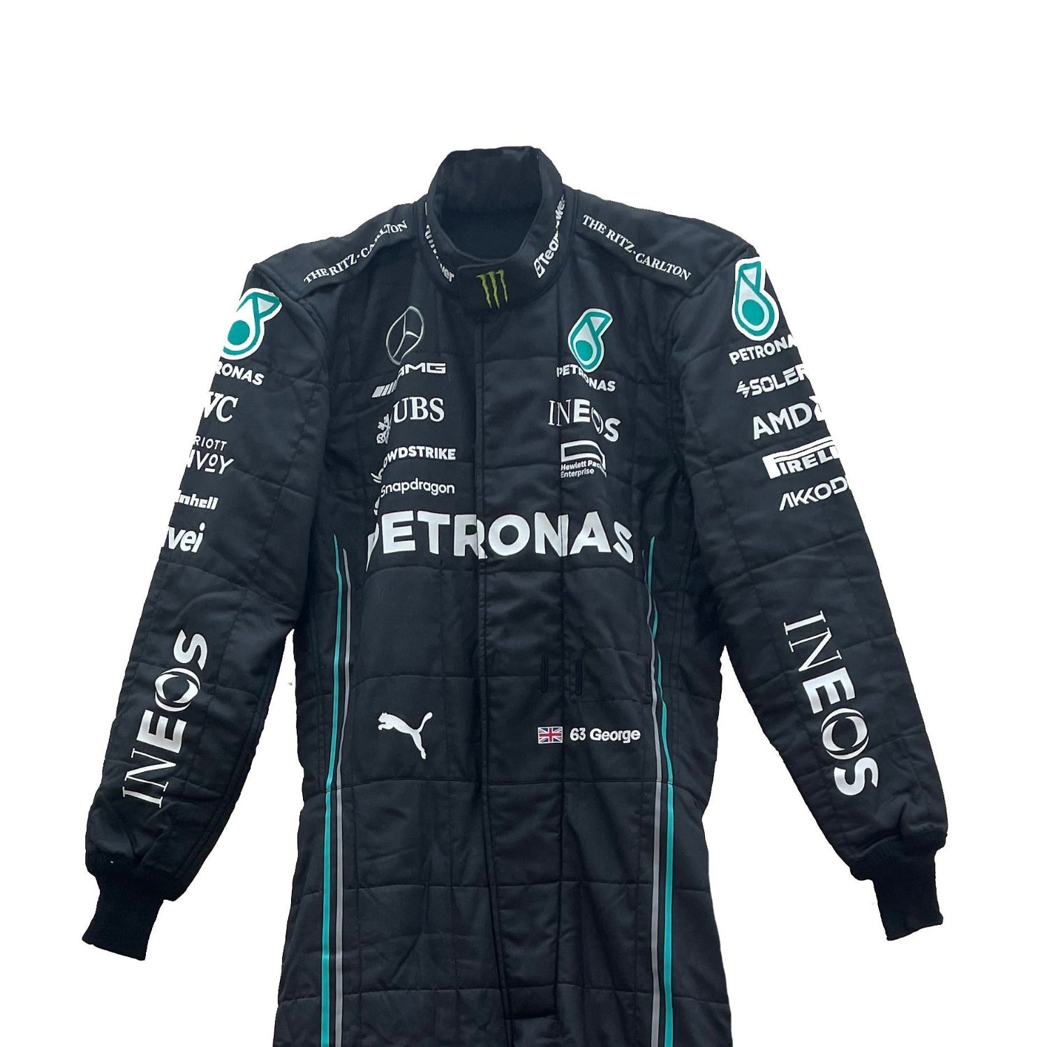Close-up of the fabric and stitching on George Russell’s 2023 racing suit, revealing the intricate details and high-quality materials, with clear visibility of sponsor logos-Bestracewear