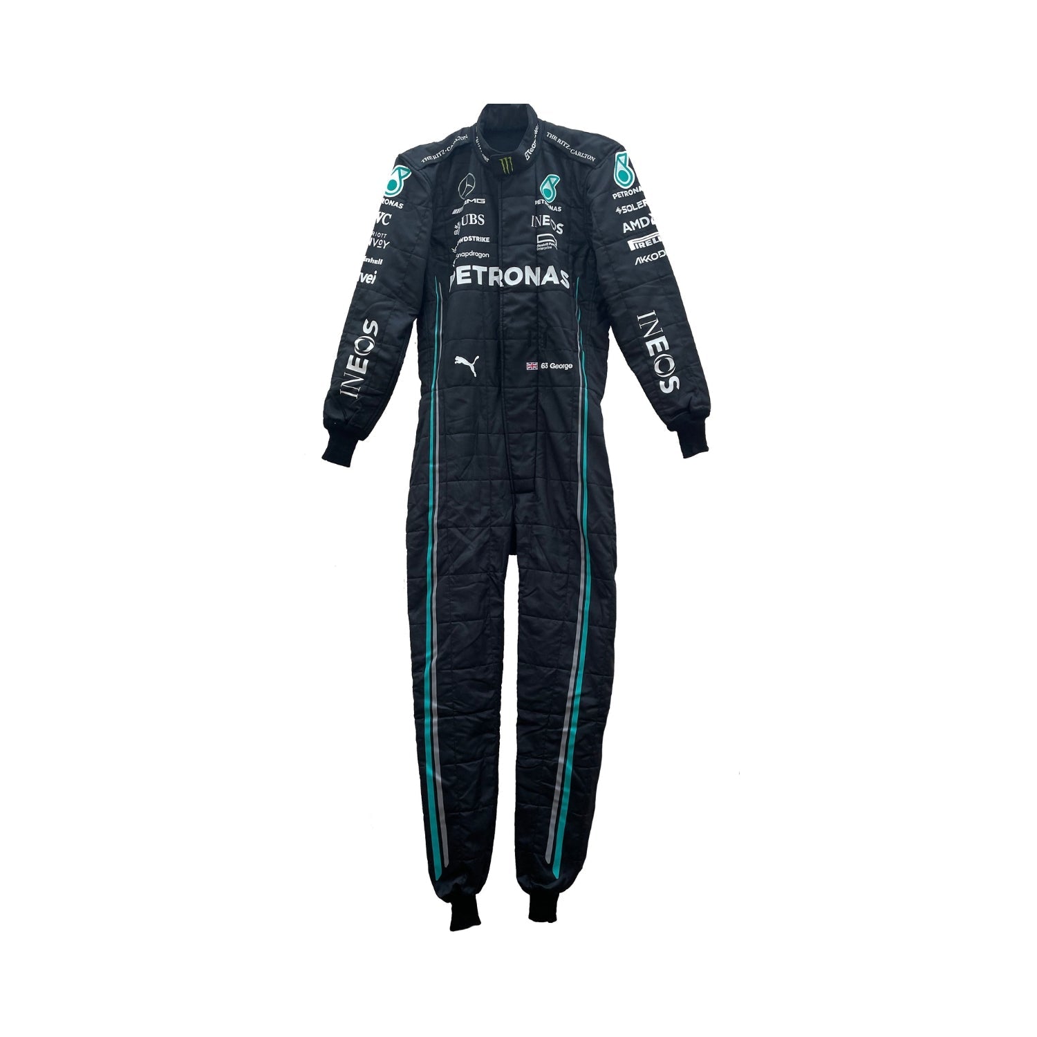 George Russell’s 2023 F1 racing suit in a sleek black and silver design, featuring prominent sponsor logos on the chest and legs. The suit is tailored for aerodynamics and performance, showcasing Russell’s commitment to excellence.Bestracewear