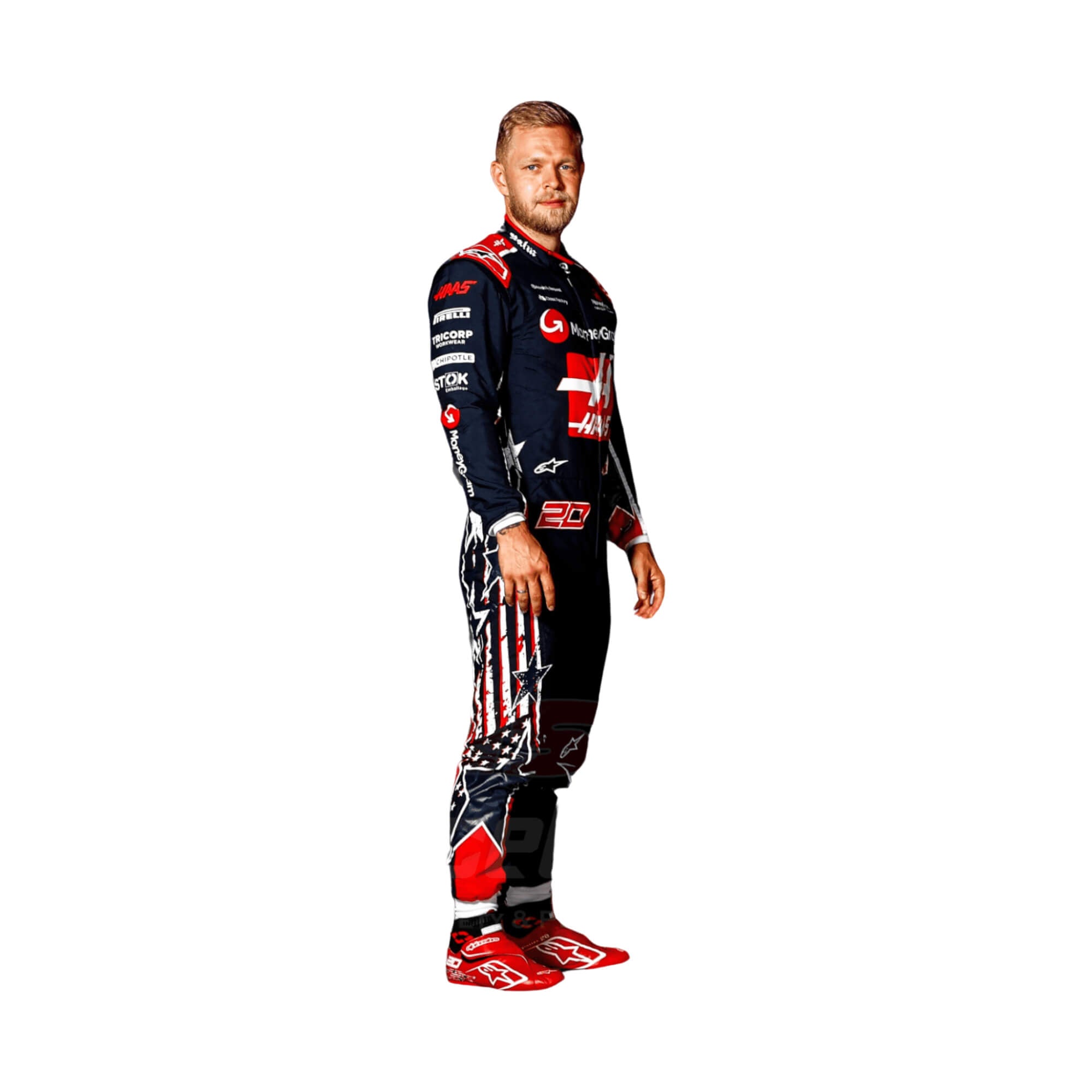 Side profile of Kevin Magnussen's 2023 special edition F1 racing suit for the Austin Grand Prix, featuring a navy blue base with bold red and white accents inspired by the American flag. 
