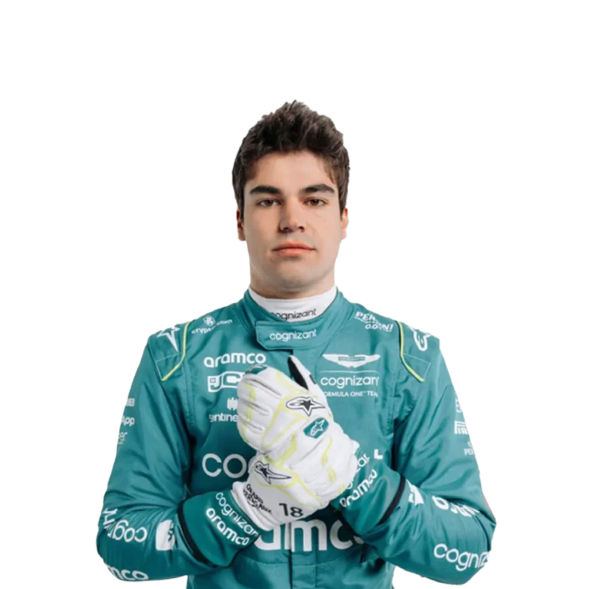 Close-up shot of Lance Stroll’s 2023 F1 racing suit fabric and stitching, focusing on the high-quality material and visible sponsor branding, emphasizing durability and race-ready functionality.Bestracewear