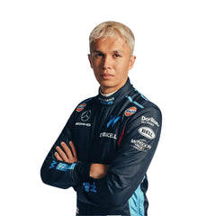 Close-up of the 2023 F1 race suit inspired by Alex Albon, displaying the intricate dark blue material with red and light blue stitching.