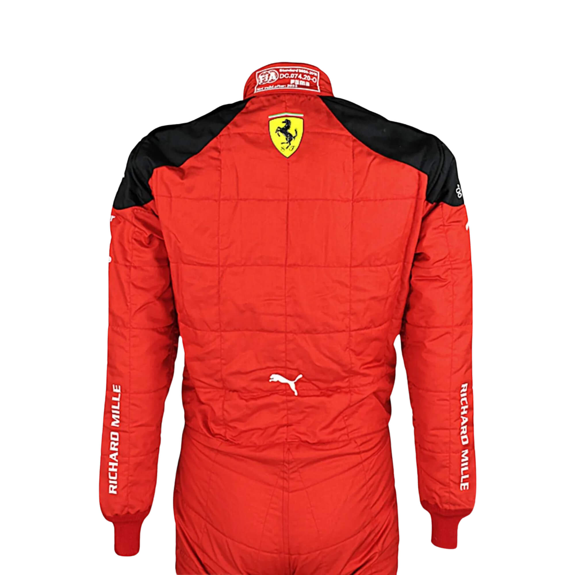  Rear view of 2023 Charles Leclerc F1 Racing Suit_Bestracewear displaying the continuation of the Rosso Le Mans red and black color scheme with prominently placed sponsor logos and aerodynamic paneling.