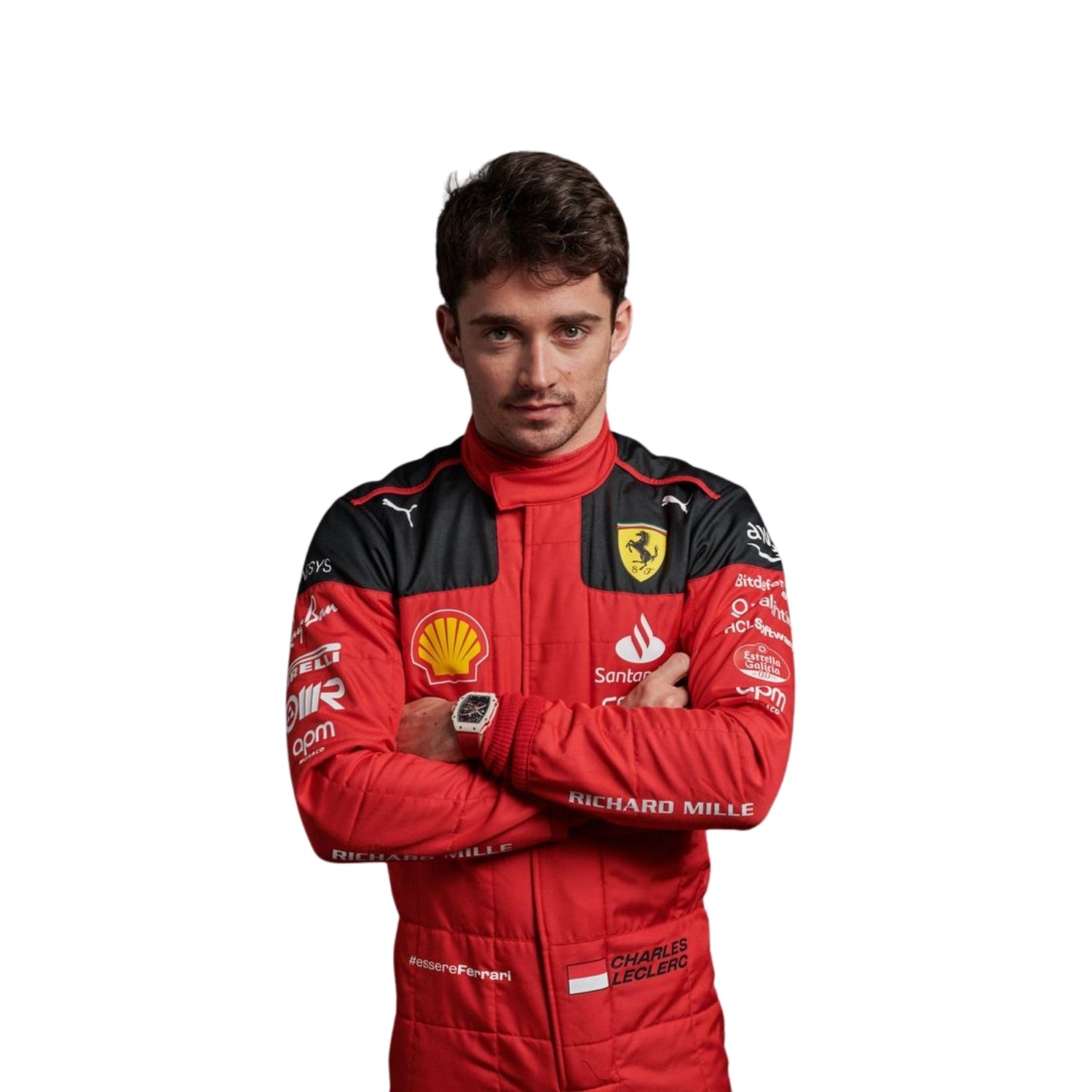 Close-up of2023 Charles Leclerc F1 Racing Suit_Bestracewear texture and stitched sponsor logos, detailing the high-quality materials and the integration of the Rosso Le Mans red, black, and white color palette.
