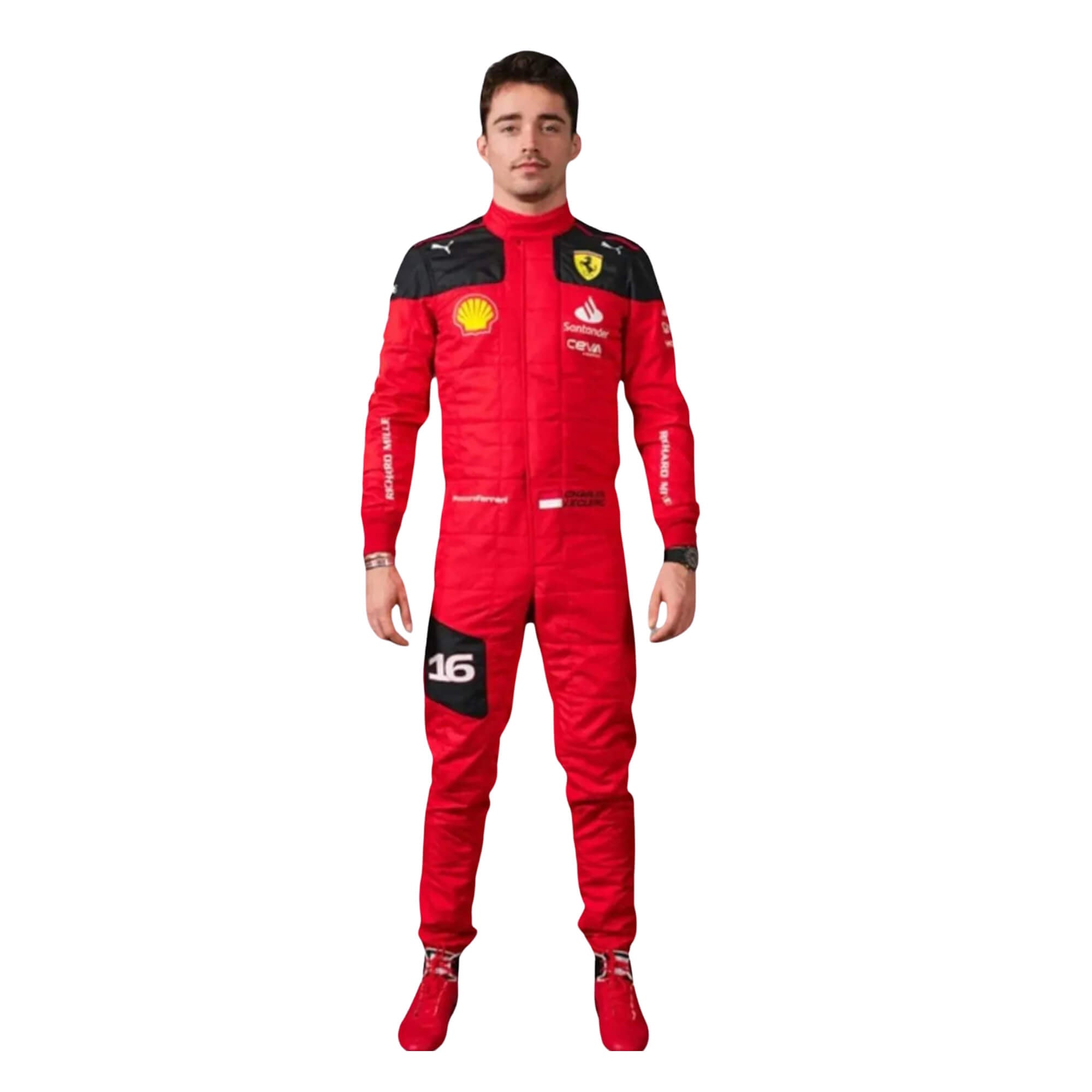 2023 Charles Leclerc F1 Racing Suit_Bestracewearfront view featuring a vibrant Rosso Le Mans red base with black accents on the shoulders and sides, complemented by white sponsor logos, showcasing a sleek and modern design.