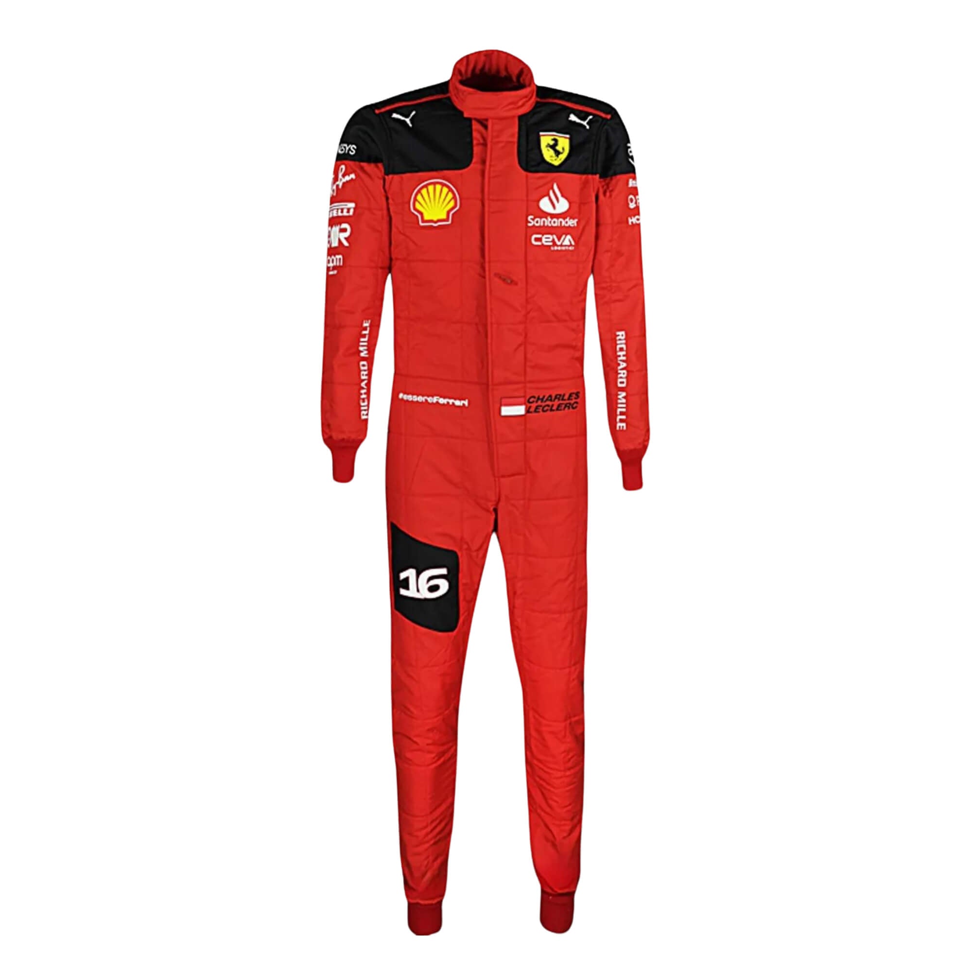 2023 Charles Leclerc F1 Racing Suit_Bestracewear front view featuring a vibrant Rosso Le Mans red base with black accents on the shoulders and sides, complemented by white sponsor logos, showcasing a sleek and modern design.
