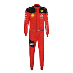 2023 Charles Leclerc F1 Racing Suit_Bestracewear front view featuring a vibrant Rosso Le Mans red base with black accents on the shoulders and sides, complemented by white sponsor logos, showcasing a sleek and modern design.