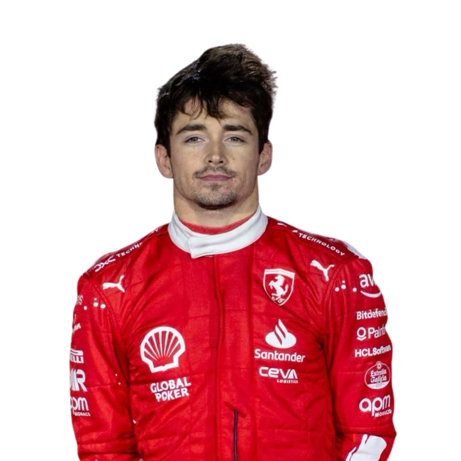 Close-up of 2023 Charles Leclerc Las Vegas GP F1 Racing Suit-Bestracewear its fabric texture and stitched sponsor logos, detailing the high-quality materials and the integration of the red and white color palette.