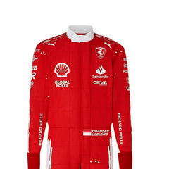 Close-up of2023 Charles Leclerc Las Vegas GP F1 Racing Suit-Besracewear fabric texture and stitched sponsor logos, detailing the high-quality materials and the integration of the red and white color palette.