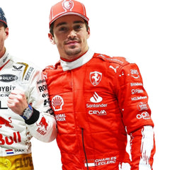 Close-up of 2023 Charles Leclerc Las Vegas GP F1 Racing Suit-Besracewear fabric texture and stitched sponsor logos, detailing the high-quality materials and the integration of the red and white color palette.
