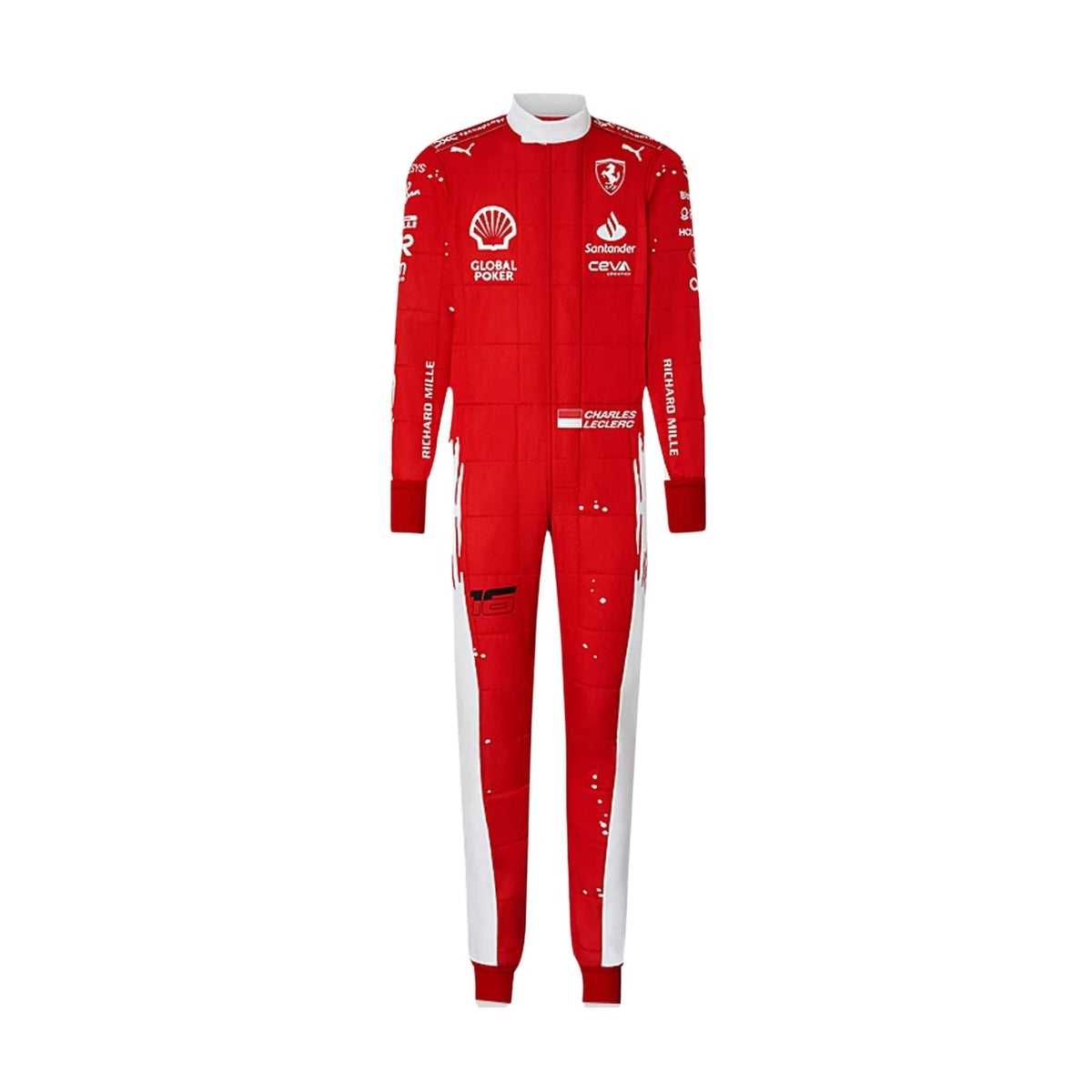 2023 Charles Leclerc Las Vegas GP F1 Racing Suit-Bestracewear front view featuring a vibrant red base with a prominent white circle on the chest and white accent lines, complemented by sponsor logos, showcasing a sleek and modern design.