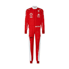 2023 Charles Leclerc Las Vegas GP F1 Racing Suit-Bestracewear front view featuring a vibrant red base with a prominent white circle on the chest and white accent lines, complemented by sponsor logos, showcasing a sleek and modern design.