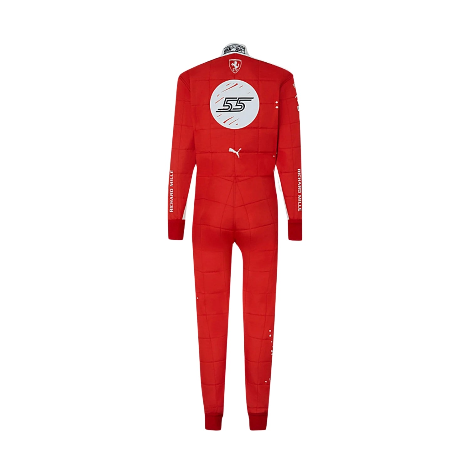 Rear view of 2023 Charles Leclerc Las Vegas GP F1 Racing Suit-Bestracewear displaying the continuation of the red and white color scheme with prominently placed sponsor logos and aerodynamic paneling.