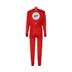 Rear view of 2023 Charles Leclerc Las Vegas GP F1 Racing Suit-Bestracewear displaying the continuation of the red and white color scheme with prominently placed sponsor logos and aerodynamic paneling.