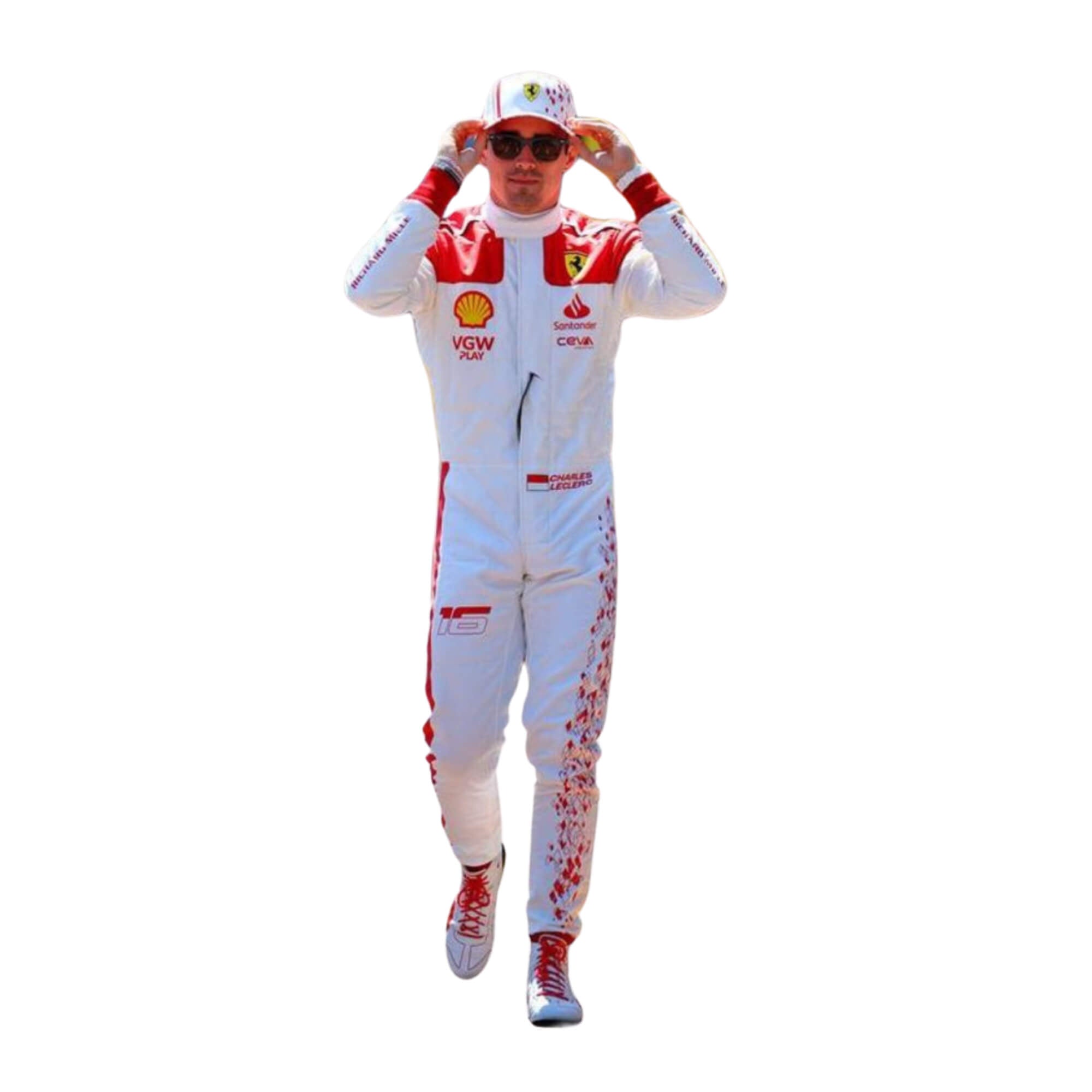2023 Charles Leclerc Monaco GP F1 Racing Suit-Bestracewear front view featuring a white base with red shoulders and cuffs, complemented by logos, showcasing a sleek and modern design.