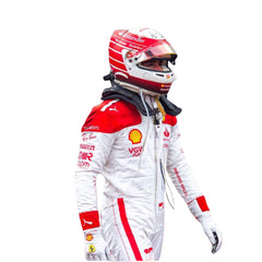 Side profile of 2023 Charles Leclerc Monaco GP F1 Racing Suit-Bestracewear highlighting the red side panels against the white base, with details on the arms and legs, emphasizing the suit's tailored fit.