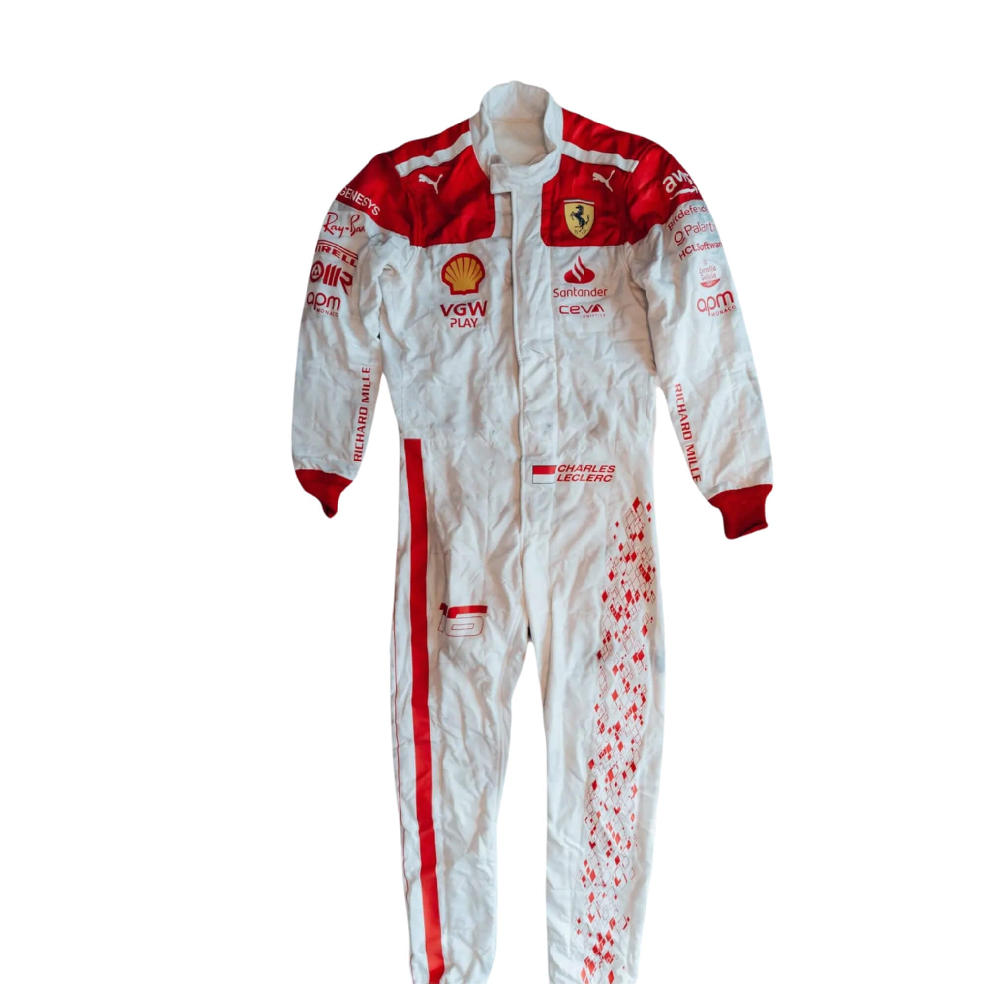 2023 Charles Leclerc Monaco GP F1 Racing Suit-Bestracewear front view featuring a white base with red shoulders and cuffs, complemented by sponsor logos, showcasing a sleek and modern design.