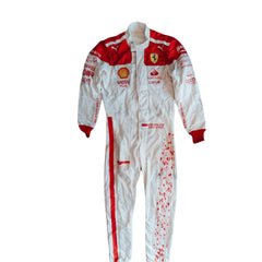 2023 Charles Leclerc Monaco GP F1 Racing Suit-Bestracewear front view featuring a white base with red shoulders and cuffs, complemented by sponsor logos, showcasing a sleek and modern design.