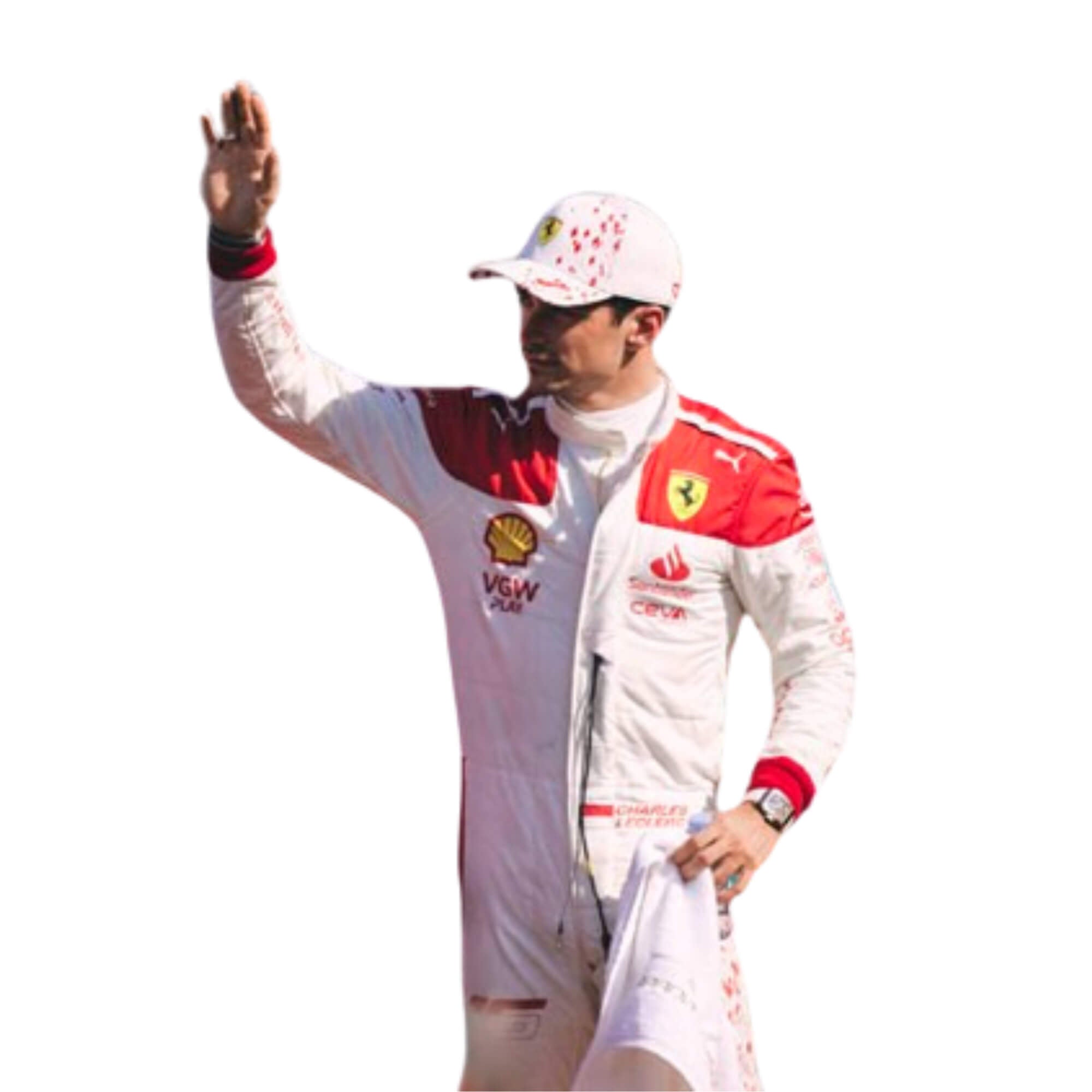 Close-up of 2023 Charles Leclerc Monaco GP F1 Racing Suit-Bestracewear, fabric texture and stitched sponsor logos, detailing the high-quality materials and the integration of the white and red color palette.